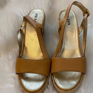 Prada Women's Leather Sandals in Tan and Gold size 40